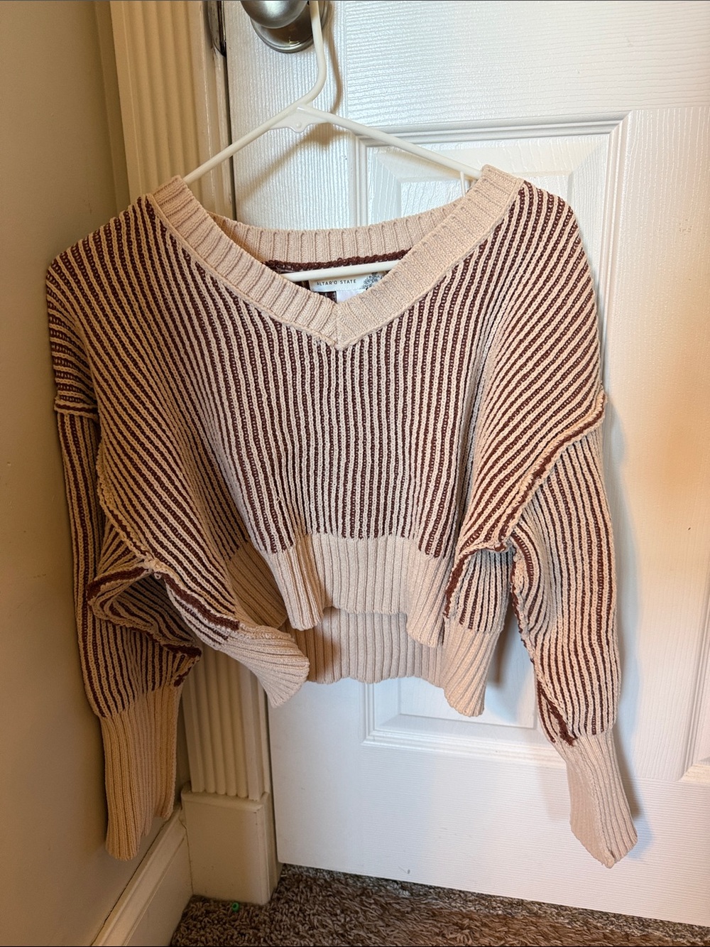 Altar'd State Cropped Beige and Brown Striped V-Neck Sweater